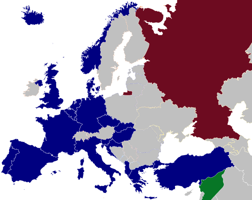Situação após o fim da Guerra Fria. Em azul escuro, países da Otan. Azul claro, países que negociam entrada na Otan. Vermelho e verde, Rússia e Síria, respectivamente. 