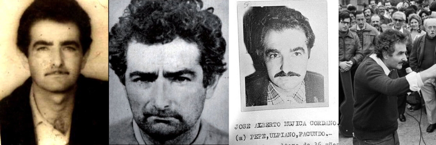 Colagem de fotos atribuídas como de "Pepe" Mujica. Da esquerda para a direita: no início dos Tupamaro, segunda metade da década de 1960; foto para um registro policial no início da ditadura, início dos anos 1970; foto em cartaz da ditadura com lista de "codinomes", final dos anos 1970; em evento político após a reabertura política, segunda metade dos anos 1980.  